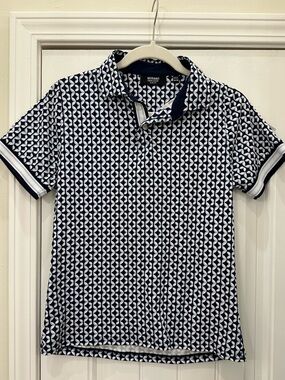 Murano Liquid Luxury Navy and White Geometric Slim Fit Collared Shirt Boys 14/16